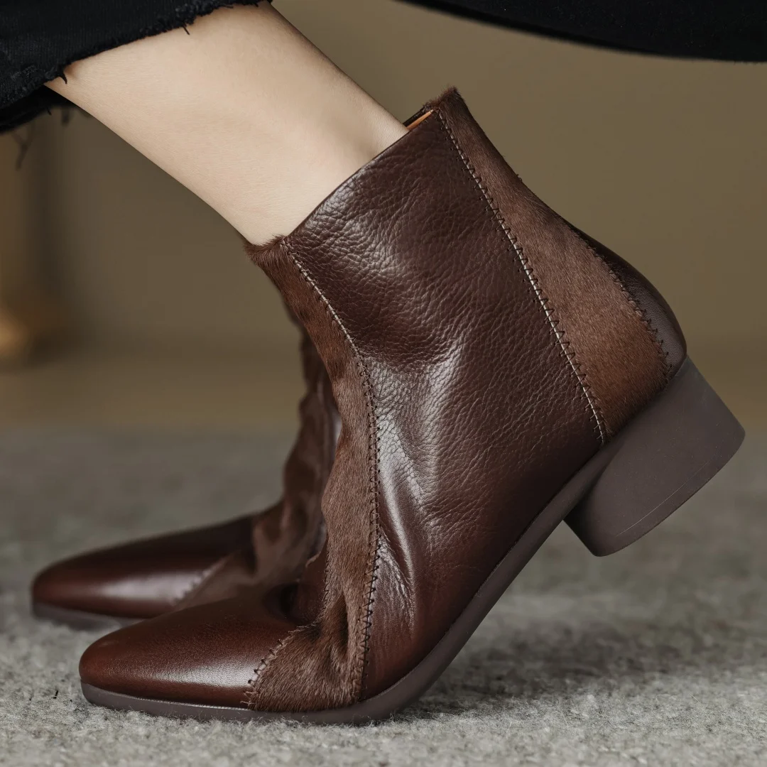 

Women's cow leather horsehair patchwork side zip flats autumn ankle boots elegant ladies slim Dali dress short boots shoes woman
