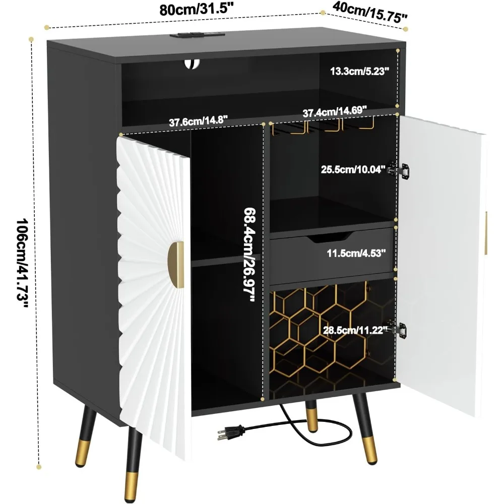 خزانة بار النبيذ المضيئة مع مخرج طاقة، وخزانة بار القهوة مع مساحة تخزين النبيذ وحامل زجاجي، Stora الخمور المعاصر