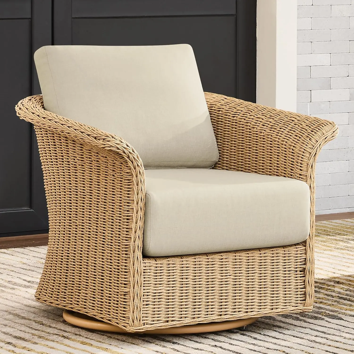 PE Wicker Swivel Chair with 7.9in Thickened Cushion, 360° Rotation, Rust-Proof Frame, Outdoor Patio Furniture, Customized