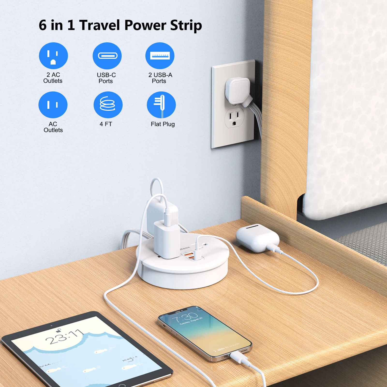 US Plug Power Strip Multi Socket with 3 AC Outlets 3 USB Ports(1 Type C), 4FT Cable Line, Wall Socket Universal Surge Protector