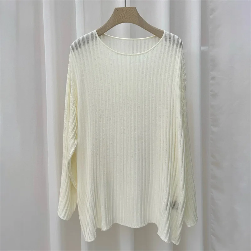 

Women's sweater New elastic knitted long sleeved top for autumn 2025 Half perspective round neck pullover casual loose Knitwear