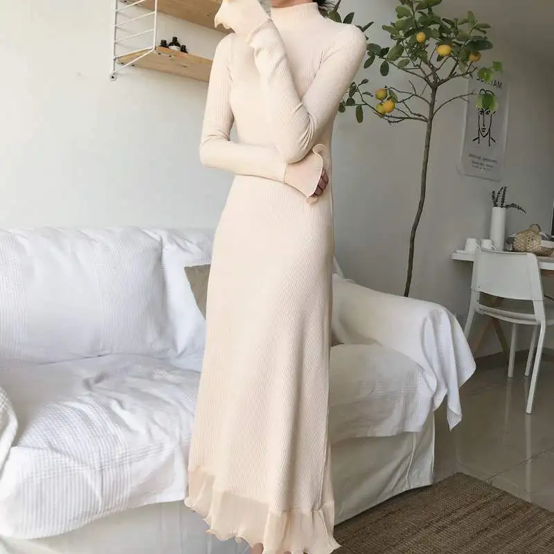 

Long knee-length sweater pullover dress coat lace bottom and knitted dress for women autumn and winter long sleeve dress female