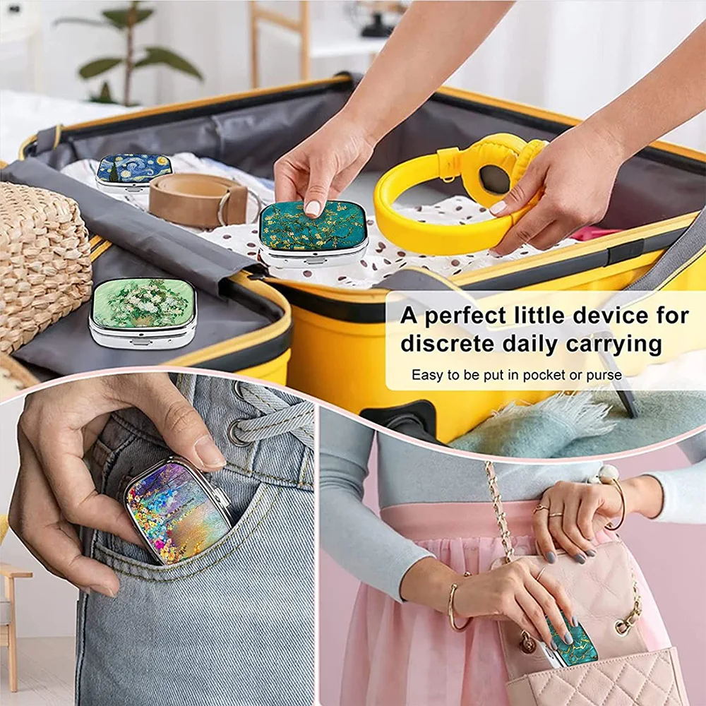 صناديق حبوب منع الحمل 2-مقصورة معدنية مربعة حبوب موزع النفط اللوحة المحمولة صندوق تخزين الأدوية صندوق مجوهرات الحلوى