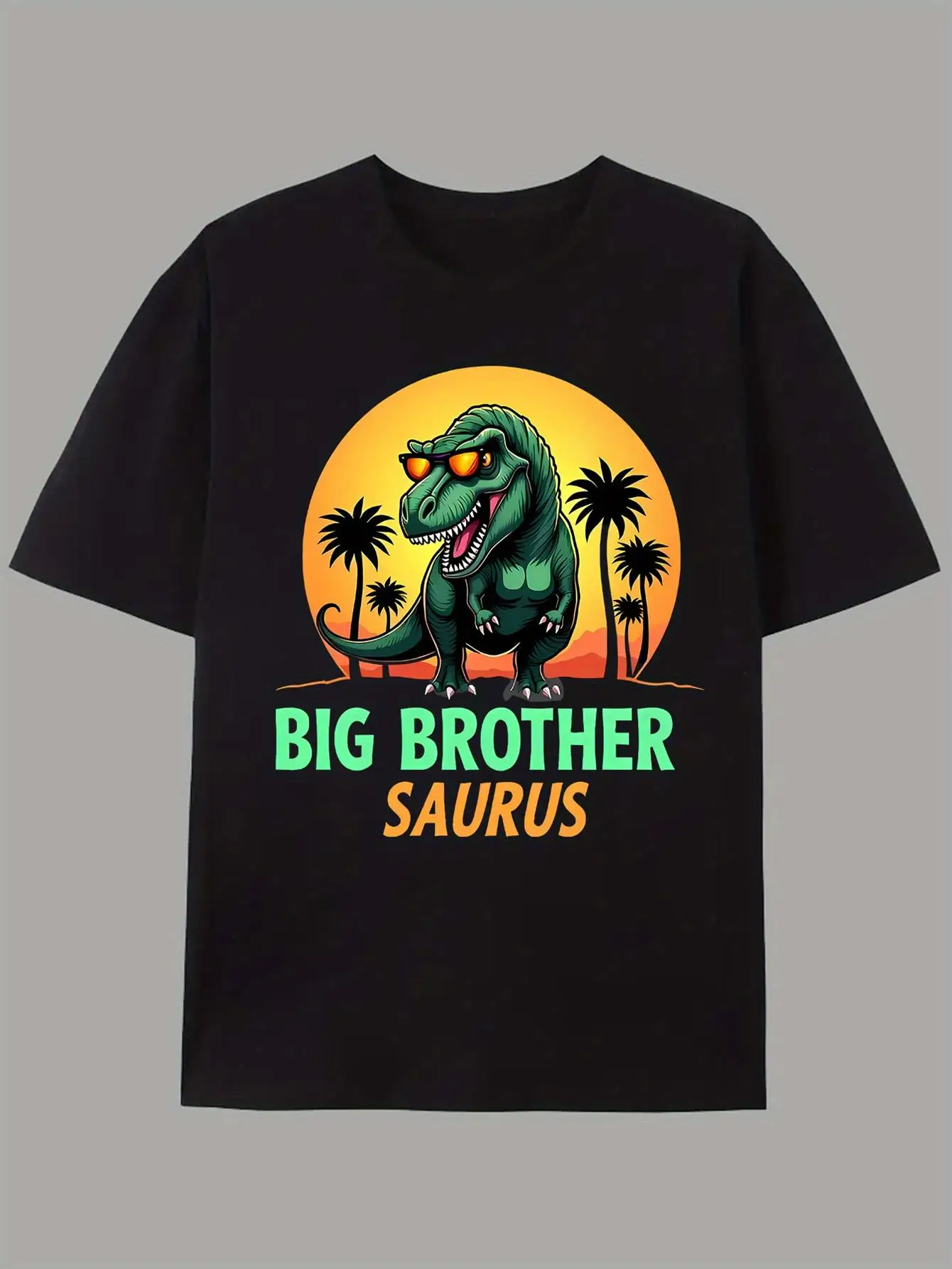 

Dinosaur Brother Pattern Printed T-shirt Bright Dinosaur Design with Palm Tree and BIG BROTHER Letters Dinosaur themed Clothing