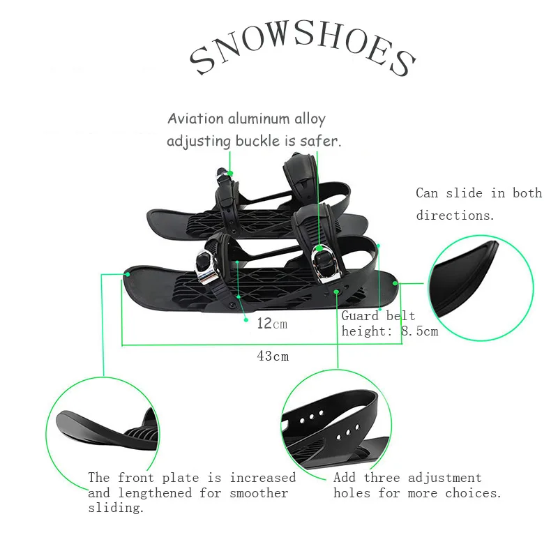 Universal outdoors Ski Shoes Free Size Mini Snowboard Adjustable Binding Black and Green for Beginners Forest Trails