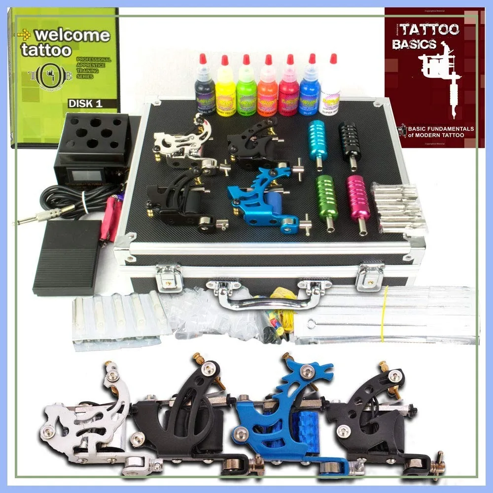 

Grinder Tattoo Kit: 4 Machines, LCD Power Supply, 7 Radiant Colors Ink, 50 Needles, Plus Accessories