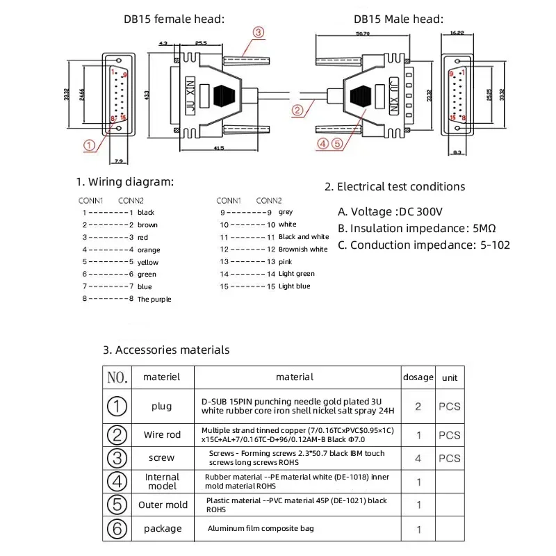 DB15 Male to Female Custom Industrial Grade Cable Pure Copper Parallel 15 Pin Serial Extension Cable 2 Rows Pinout 1m 5m 10m 30m