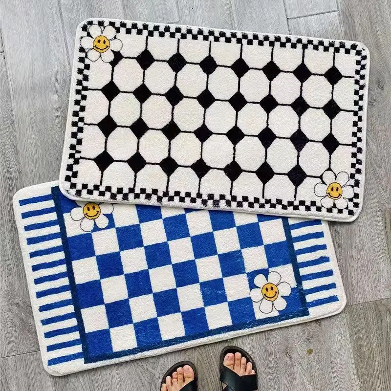 Non-Slip Plush Floor Mats Check Pattern Doormat for Bathroom Bedroom Kitchen Rug Bathtube Side Abosrbent Footpad Bathroom Carpet