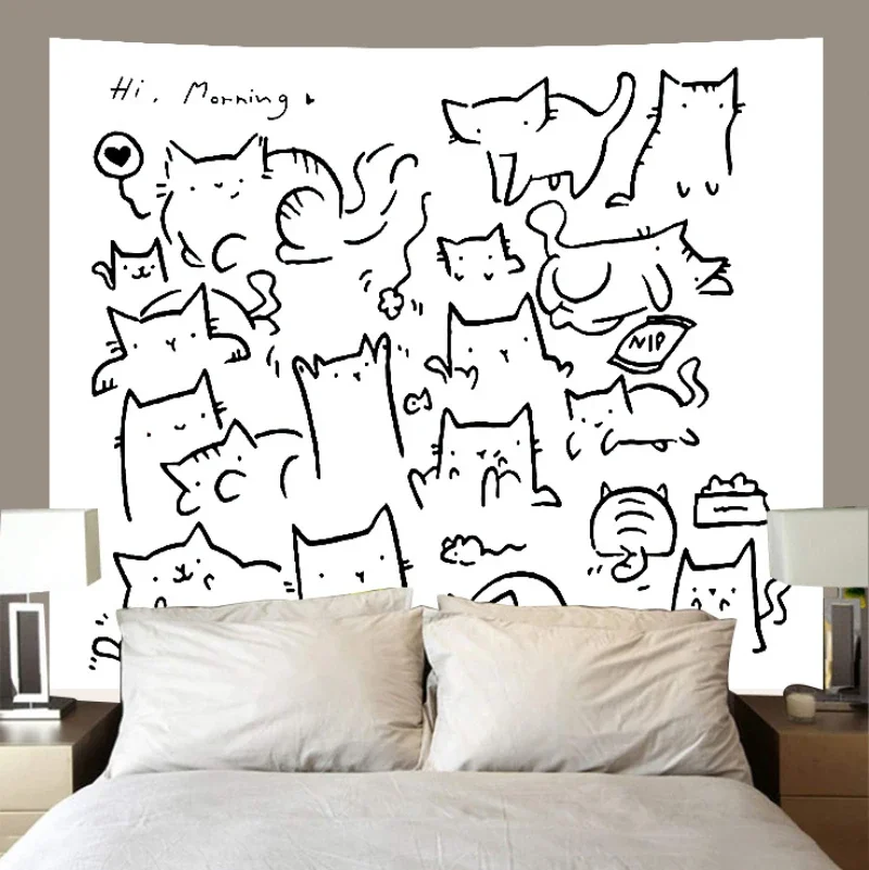 VIKAMA Doodle Cats Tapestry Wall Hanging Black White Line Art Cute Kittens Sketch Minimalist Aesthetic Wall Art Dorm Decor