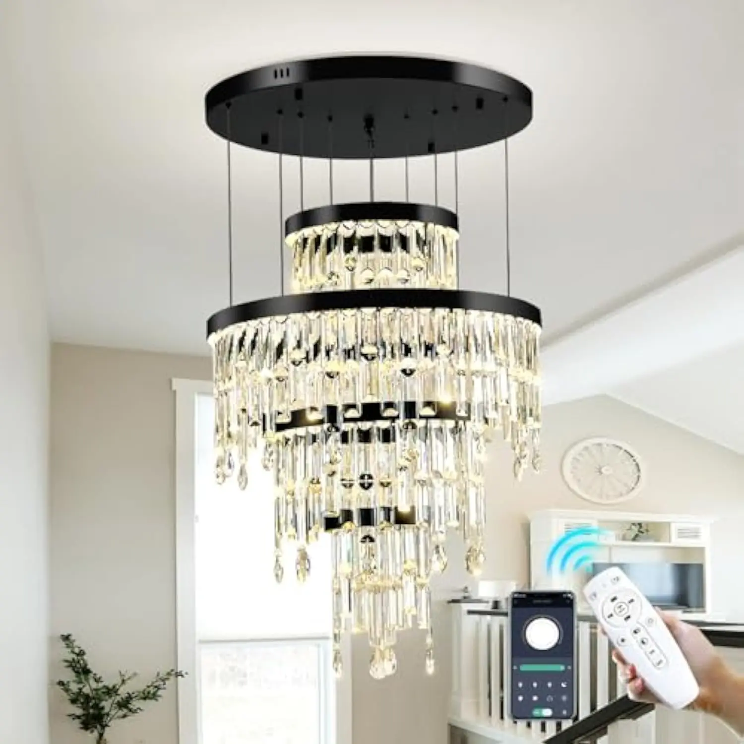 

Large Crystal Chandelier for High Ceiling 4-Tier Dimmable Modern Black Ceiling Pendant Light Fixture Raindrop Round Chandelier
