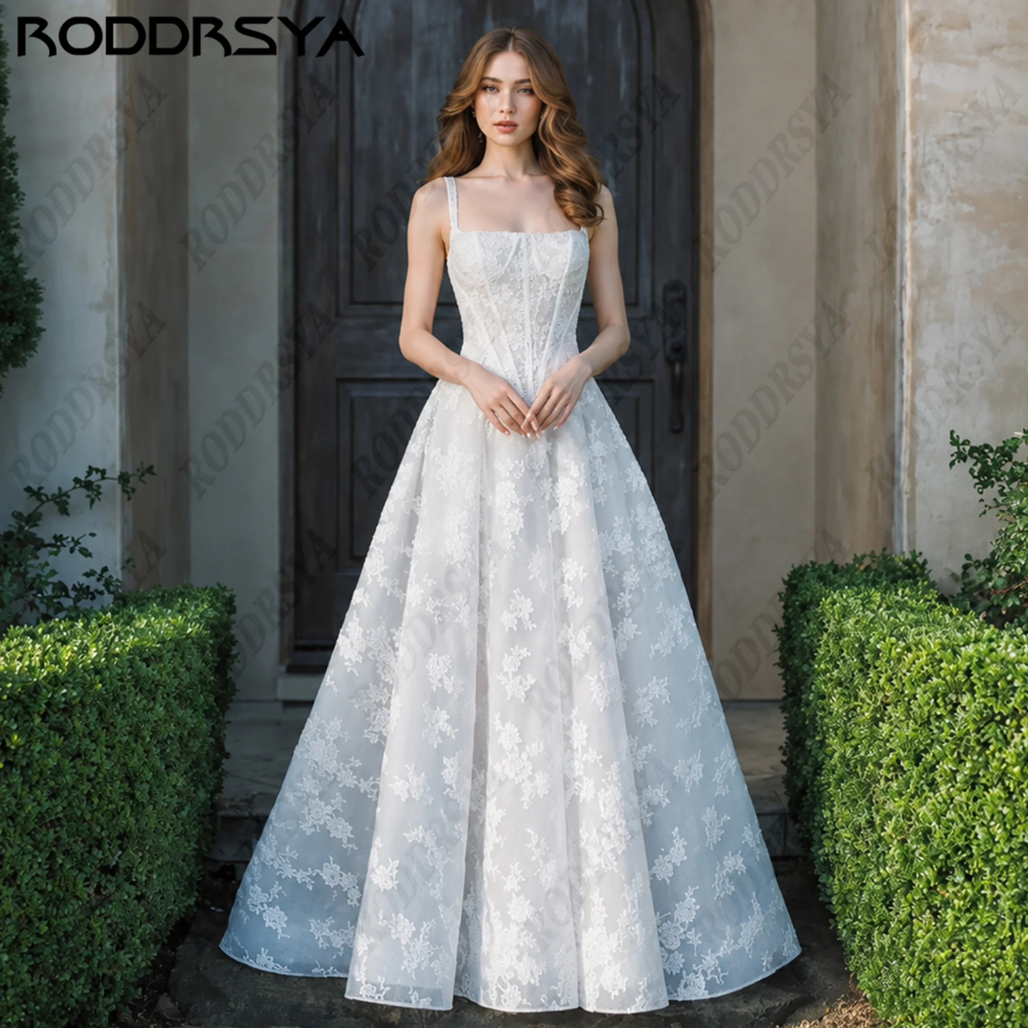 RODDRSYA Customized Square Neck A-Line Wedding Dress Lace Appliques Tulle Bridal Gown Spaghetti Straps Bride Dresses For Women