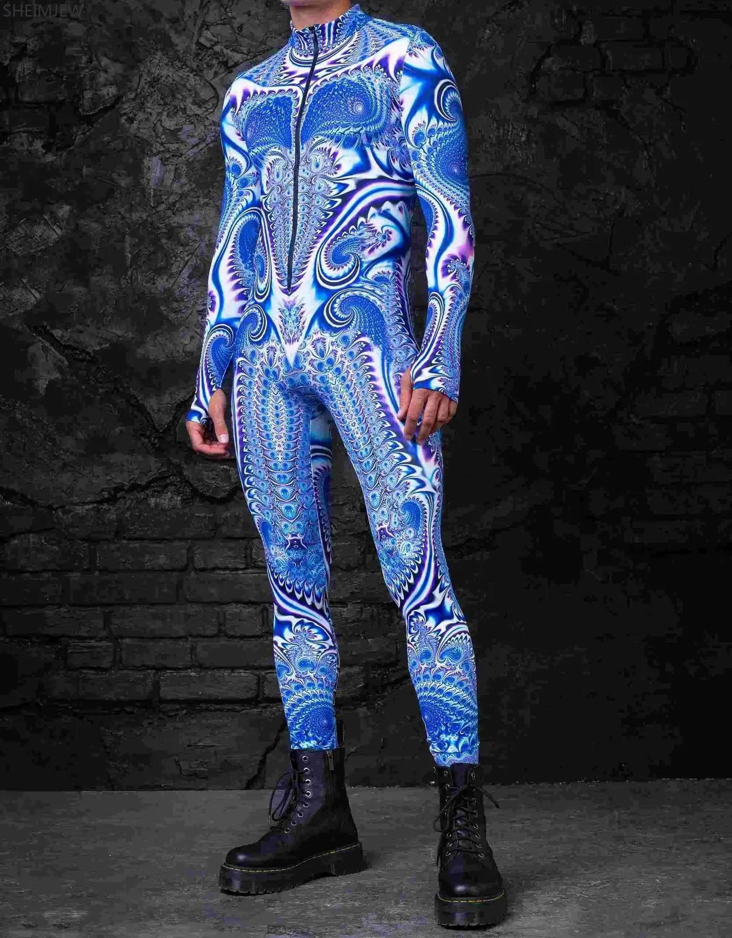 

Men's Cosplay Zentai Suit Carnival Party Cyberpunk Skeleton Art Pattern Jumpsuit Sexy Slim Stage Performance Bodysuit Unique Set