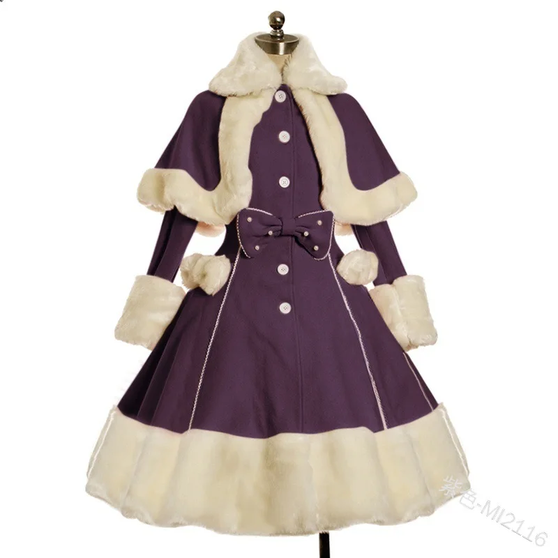 Robe gothique Lolita imbibée pour femme, robe de princesse cosplay, col en fourrure, manches longues, châle, simple boutonnage, vêtements optiques chauds, hiver