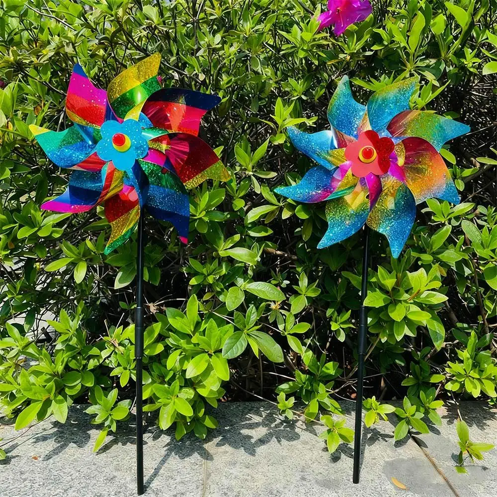 2 pçs reflexivo lantejoulas repelente de pássaros à mão moinho de vento multicores seção dupla pólo repelente de pássaros anti pássaros moinho de vento 24cm