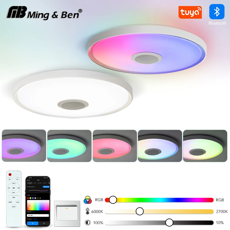 Plafonnier LED intelligent RGB avec haut-parleur Bluetooth, application Tuya, télécommande, lumière musicale moderne à intensité variable pour salon et chambre à coucher