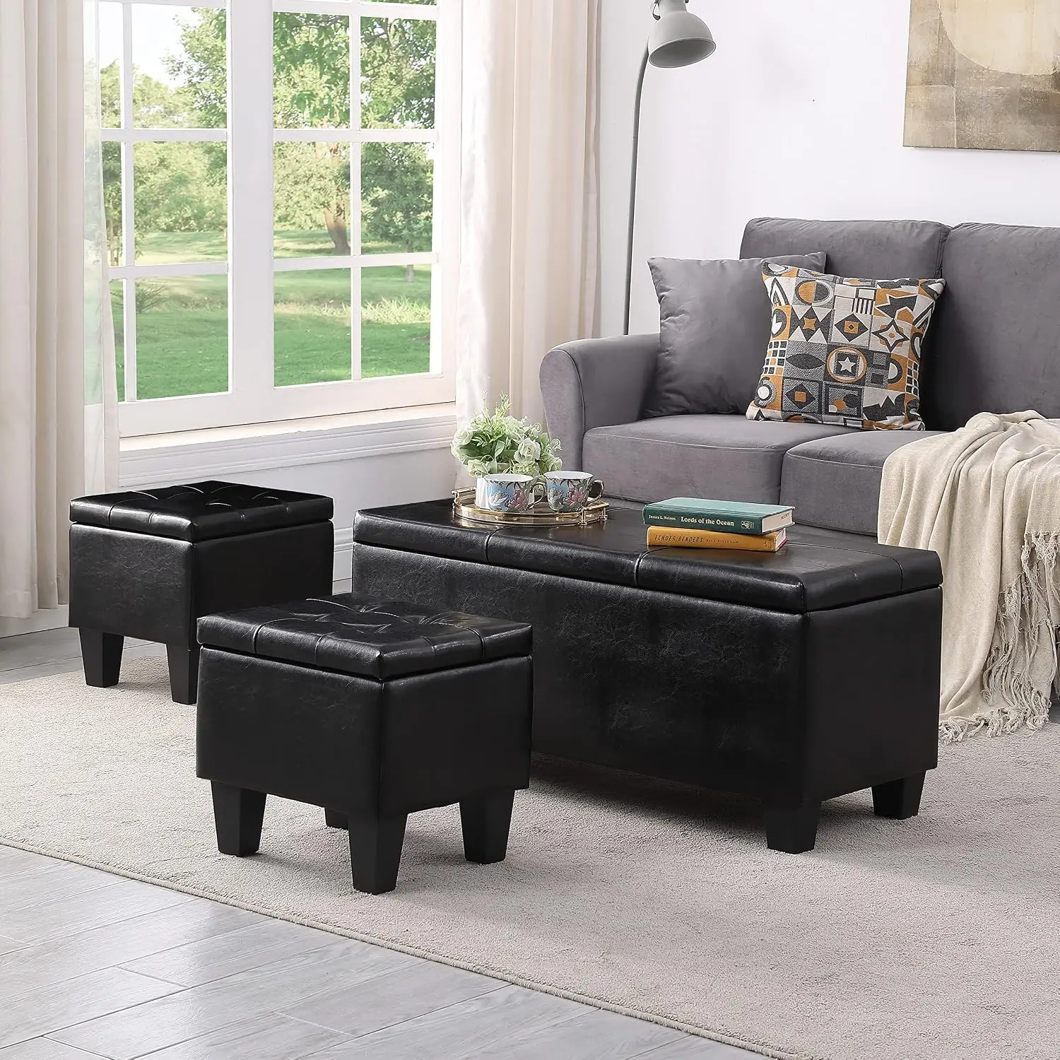 PU Leather Storage Ottoman Set of 3 Tufted Upholstered Black, Customized