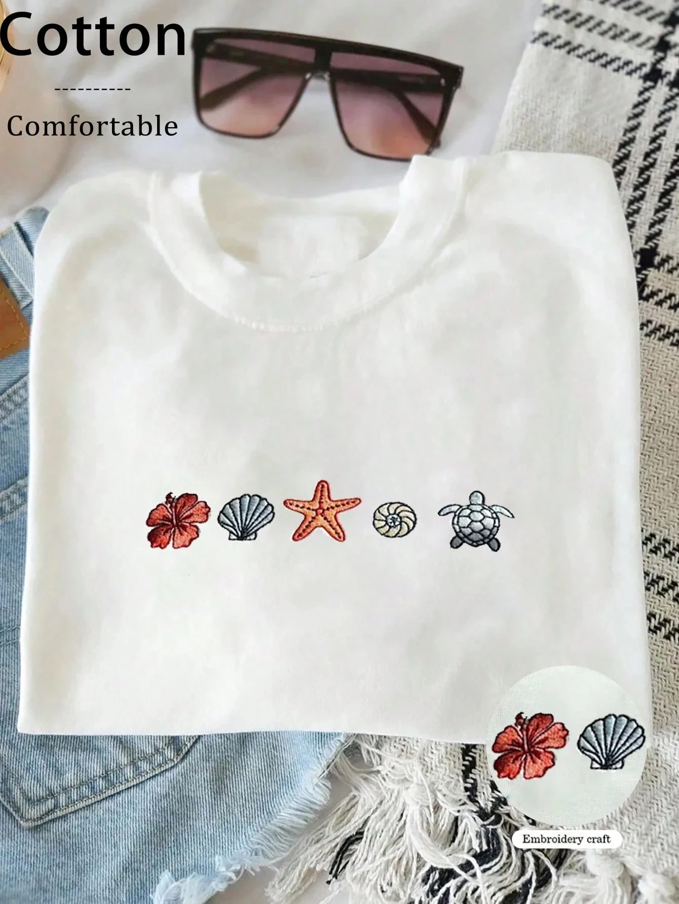 

2025 Summer New Women's Cute Conch Print T-shirt Loose, Breathable and Comfortable Suitable as a Gift for Your Best Friend