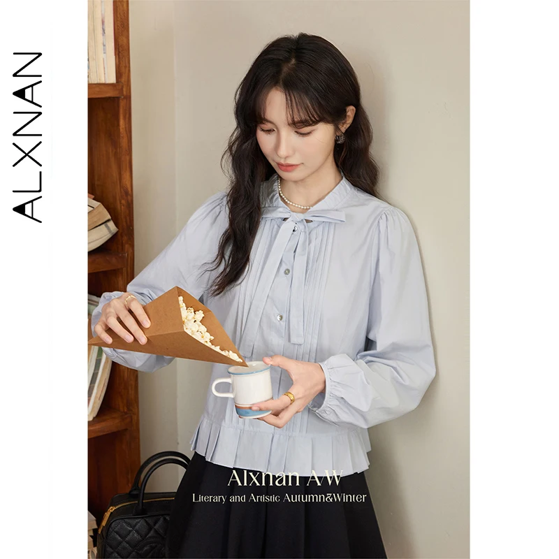 ALXNAN Niebieska Koszula Damska Jesienna Kokarda Plisowana Falbana Długi Rękaw Koszula Biurowa Casual Modna Elegancka Bluzka Damska L50602