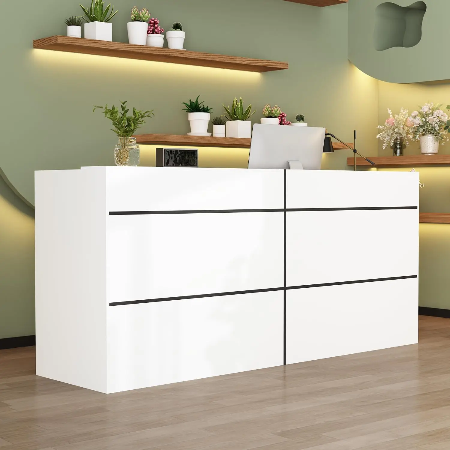 Famapy Reception Desk With Shelves, Reception Table With Storage, Modern Front Counter Table Checkout Table Retail Counter For