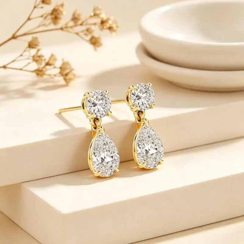 

TS S925 Silver Gold Plated Round Pear Cut Moissanite Dangle Drop Earrings Prong Setting Wedding Bridal Jewelry For Ladies Gift