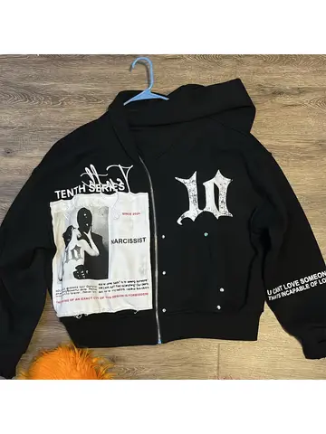Men's Black Oversized Zip Up Hoodie "Tenth Series" Graphic Print Streetwear Jacket Y2K Sweatshirt
