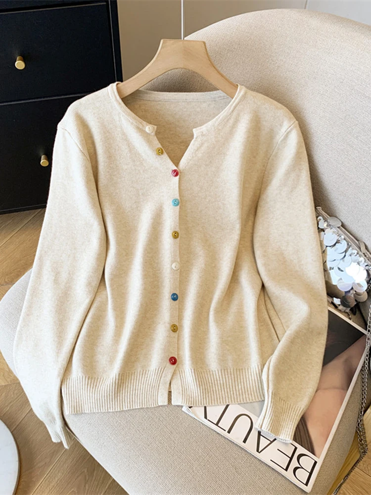 

Корейский стиль, дизайн, цветной пуговицы, вязаный кардиган с длинными рукавами, женский осенний повседневный универсальный модный топ с v-образным вырезом
