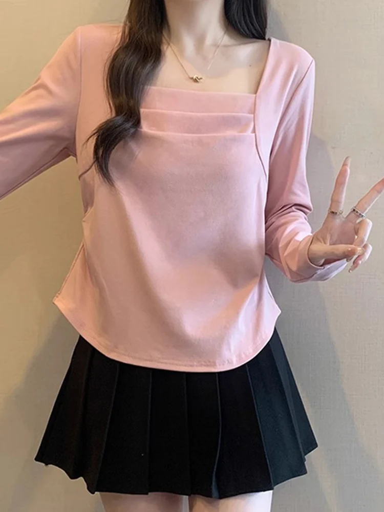 Pink Long Sleeve T-Shirt Women's Spring New Style Square Collar Irregular Loose Fit Comfortable plus Size Korean Style Top