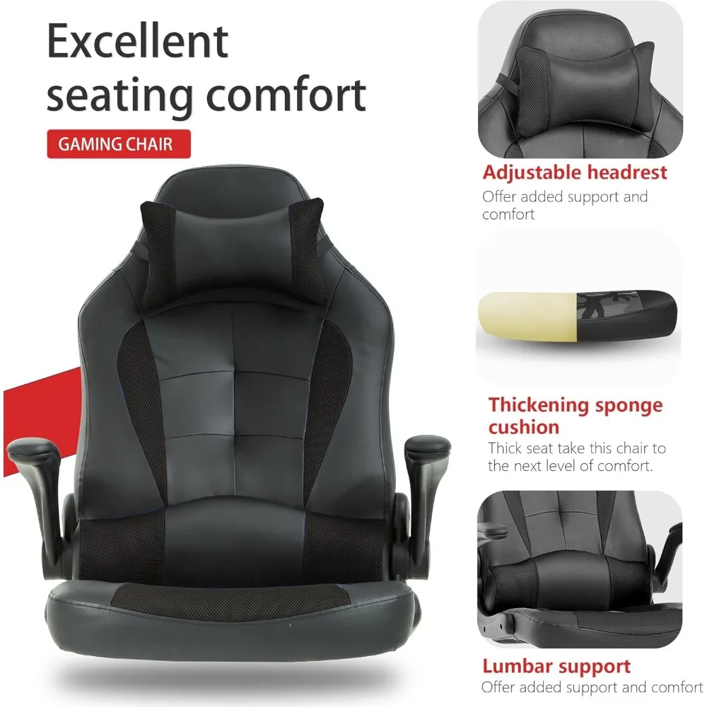 Ergonomic PU Leather Gaming Chair for Adults - Comfortable Computer Desk Chair with Flip-Up Armrests and Long-Term Use Support