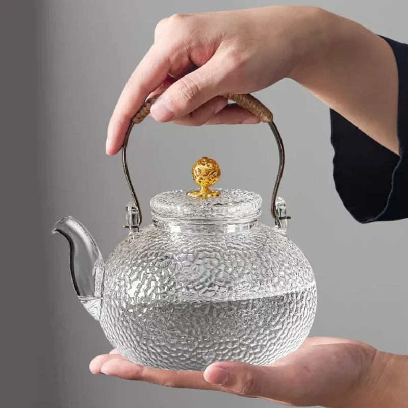 Glas-Teekanne mit Kupfergriff, hohe Borosilikatglas-Teekanne, Hammermuster-Design, für Zuhause, Verbrühungsschutz, geflochtene Hanfseil-Träger-Teekanne