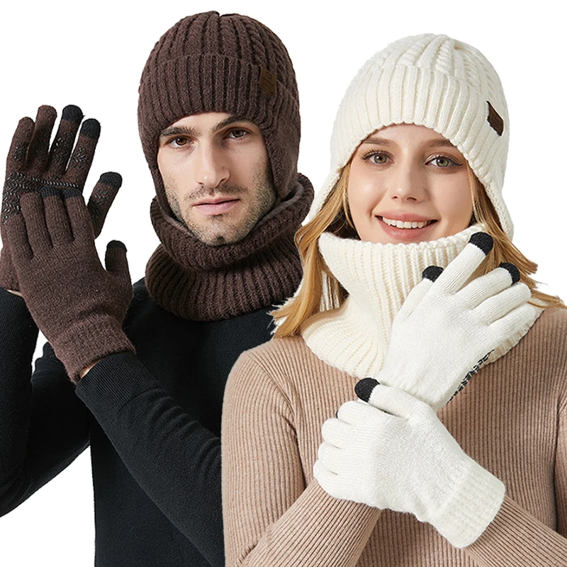 3 Teile/satz Winter Beanie Hut Schal für Frauen Männer Touchscreen Handschuhe Warme Stricken Fleece Futter Schals Ohr Schutz Woolen Beanies