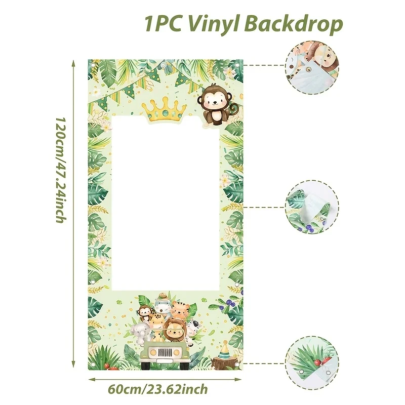 1 خلفية صورة لحفلة عيد ميلاد حيوانات سفاري الغابة - مع تصميمات كرتونية على شكل قرد ونمر ودب #4