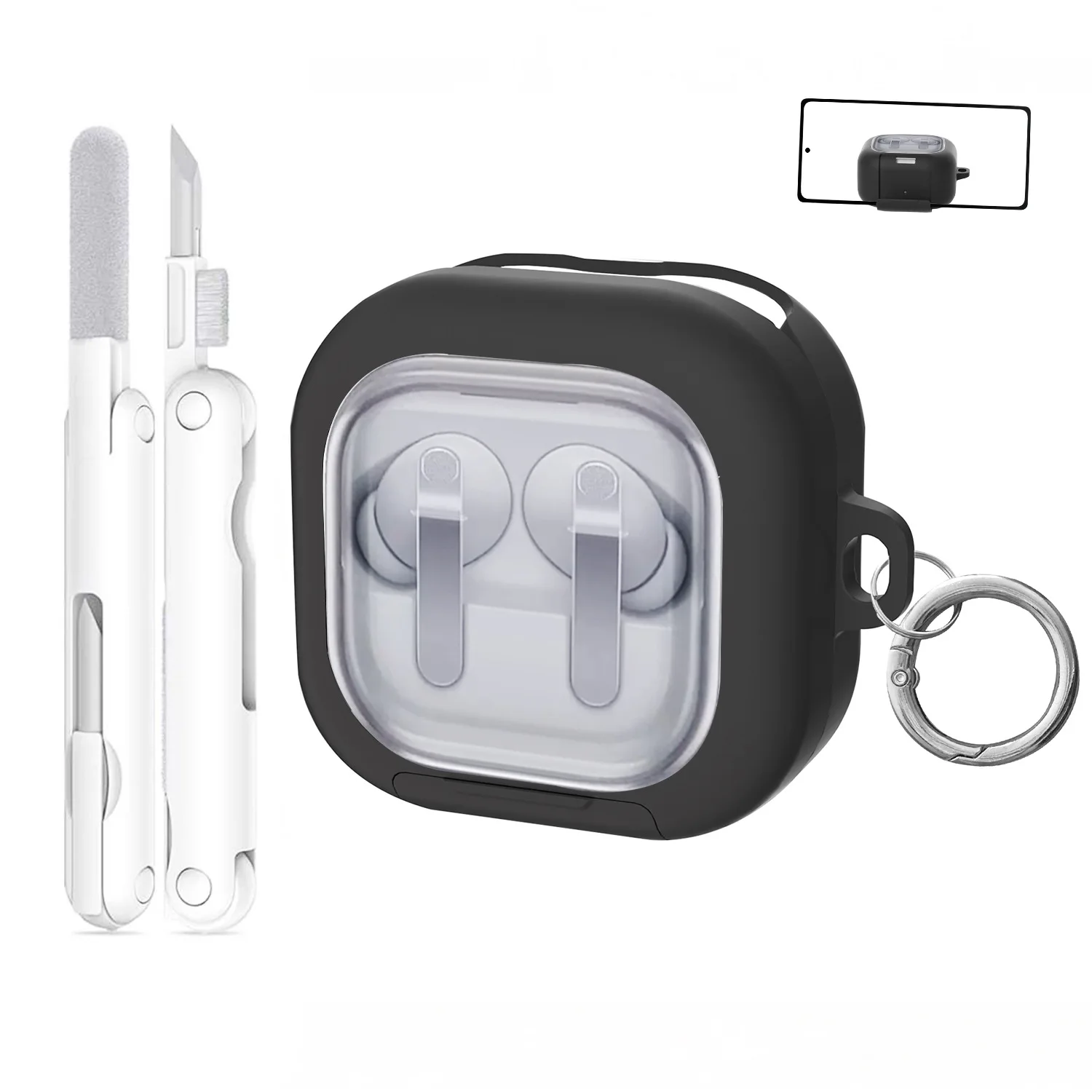 

For Samsung Galaxy Buds4 / Buds4 Pro Case Phone Stand Clear PC Earphone Cover with Hanging Buckle / Cleaning Pen - Black