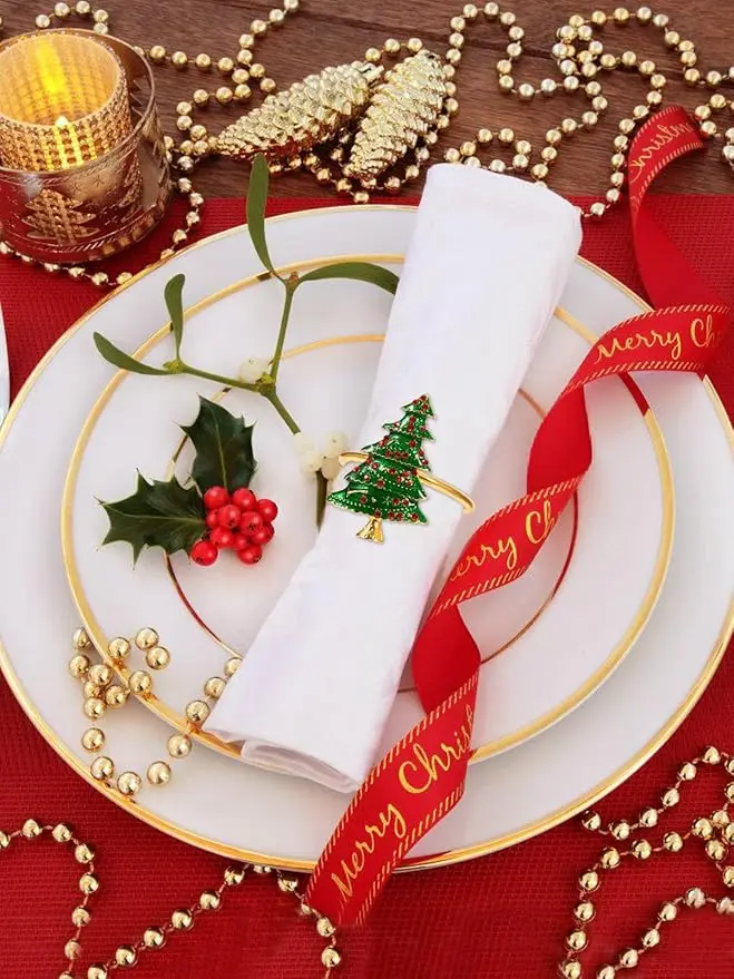 Christmas Napkin Rings Xmas Tree Metal Napkin Holder Rings With Red Rhinestone Holiday Party Dinner Wedding Dinning Table Decor