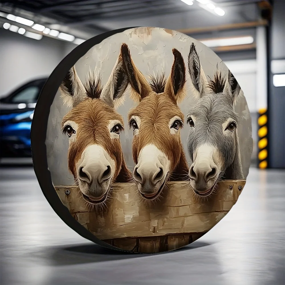 1pc Donkey Art Car Spare Tire Cover - Durable 100% Polyester, Fit For Parking Lots, Fun & Unique Design With Realistic Donkey Il