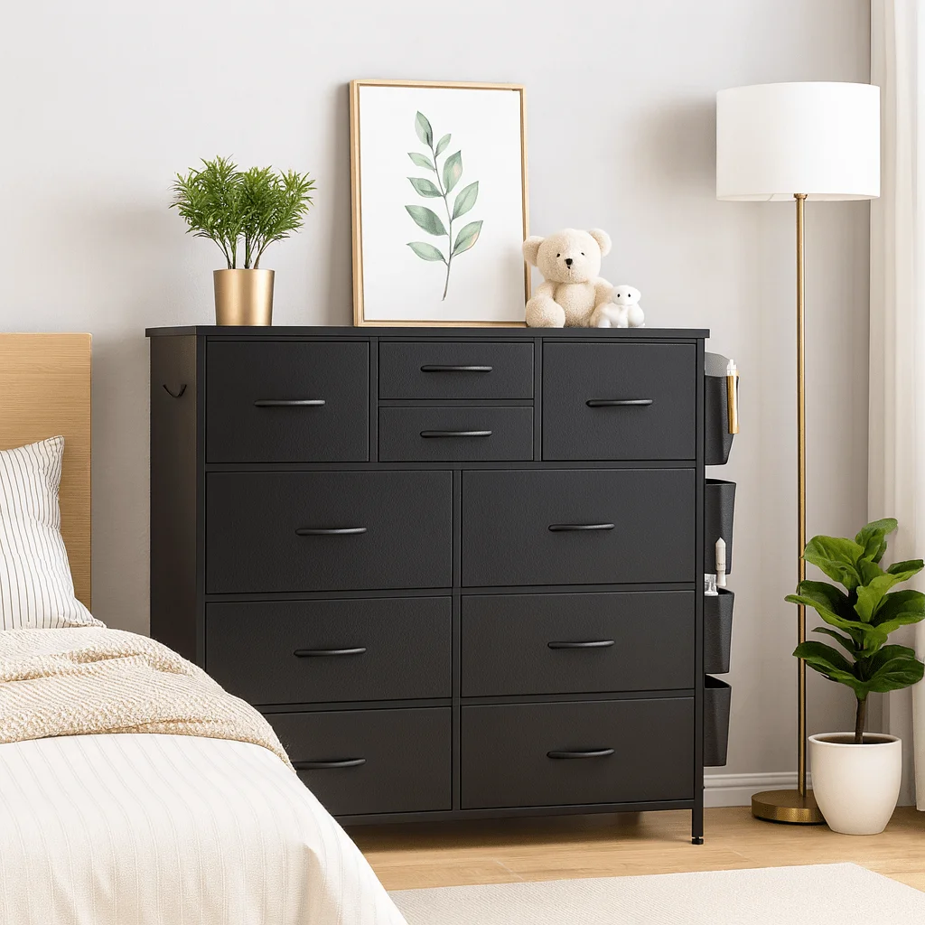 

Black Storage Cabinet with Ten Drawers And Side Pockets, Ideal for Organizing Wardrobes in Bedrooms, Hallways, Living Areas, And