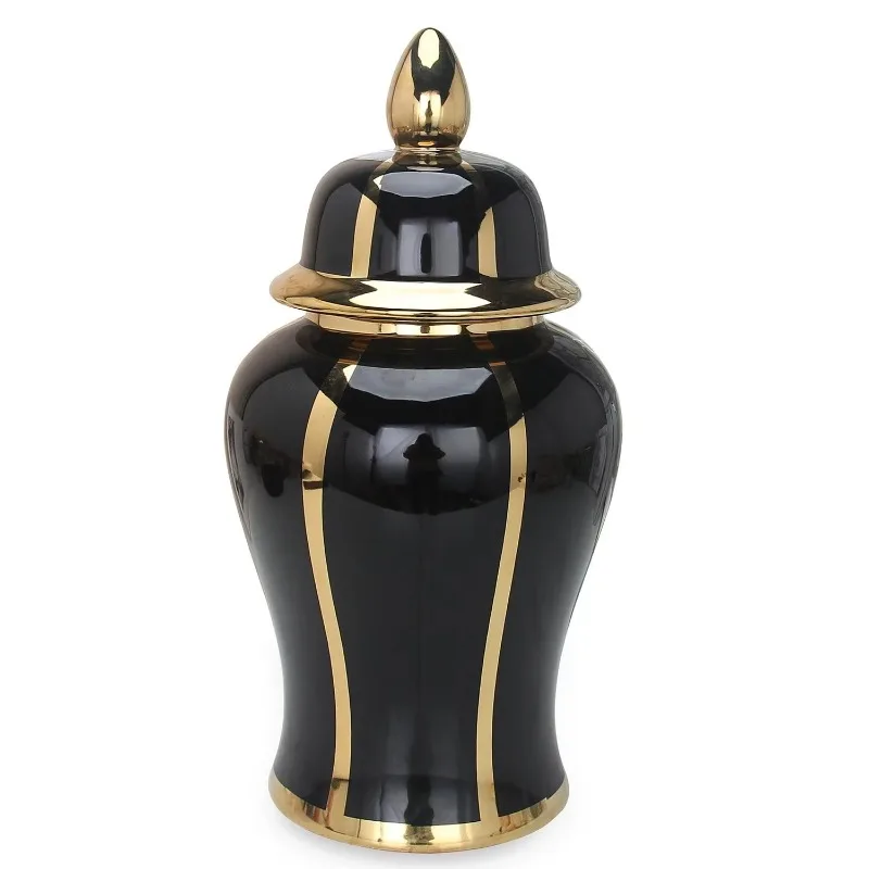 

Black Linear Gold Plated Ginger Jar with Removable Cover Home Decor Accessories