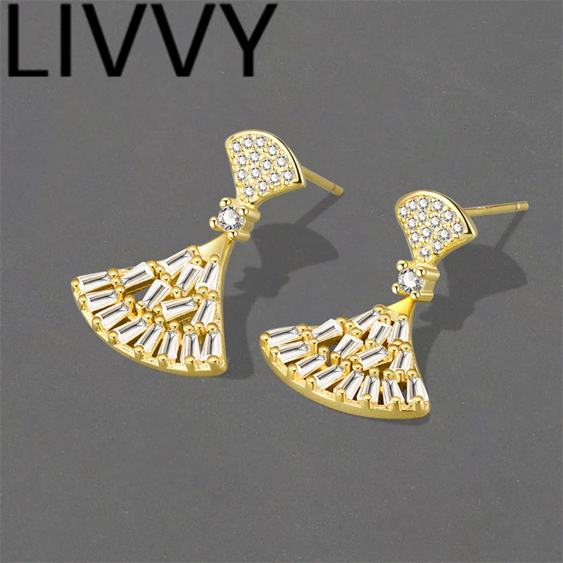 

LIVVY New Silver Color Zircon Fan Shape Geometric Earrings Woman Temperament Fashion Simple Personality Delicate Earrings