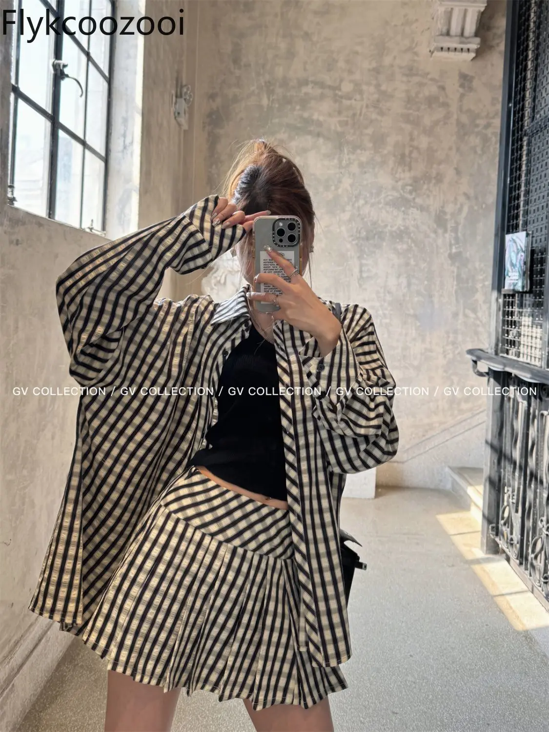 

Flykcoozooi Korean Style Simple Commuting Plaid Skirt Set Loose Casual Polo Neck Shirt Pleated Skirt Two Piece Set Women Outfits