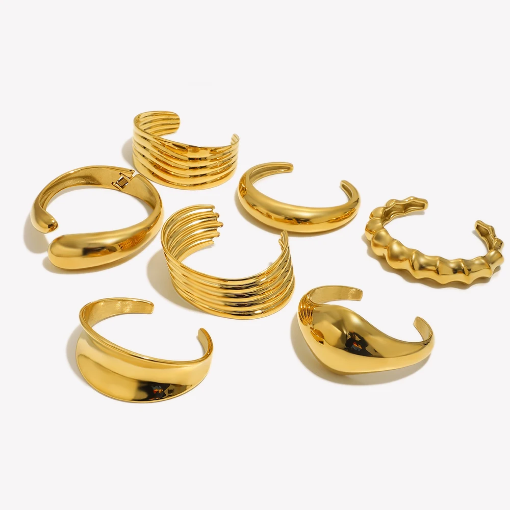 E.B.belle Spiral Bamboo Knot Smooth Concave Geometric Exaggerated Multi layered 18K Gold Plated Jewelry316L Stainless Steel