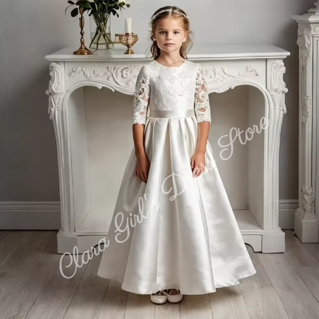 First Communion Dress Cute Little Flower Girl Dress Custom Satin with Lace Prints and Bows Children's Birthday Party Dress