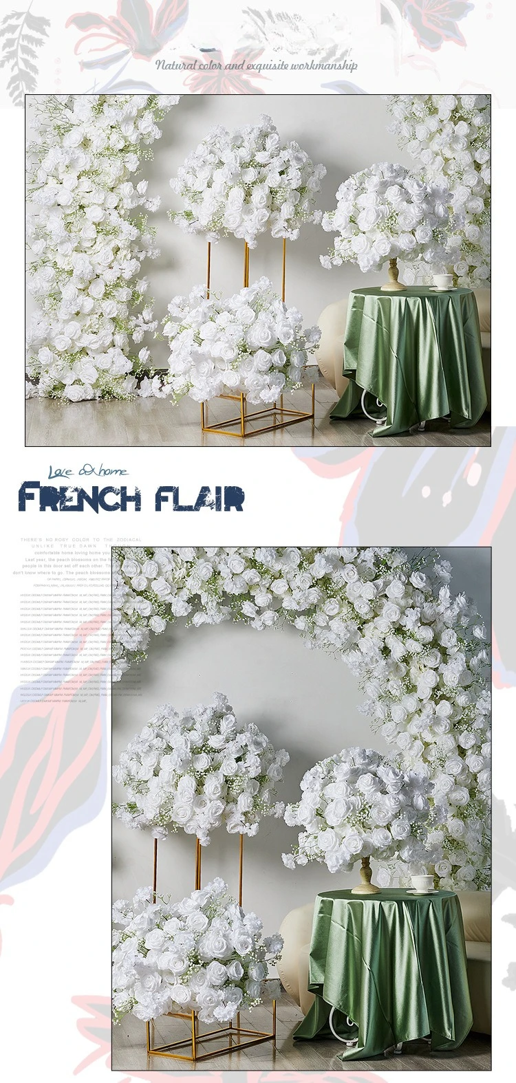 2,4 m U-förmiger Hochzeitsbogen mit künstlichen weißen Rosen, Schleierkraut und Hortensien, Blumenarrangement, Eisenrahmen, Hintergrund für Events und Partys – Detail 2