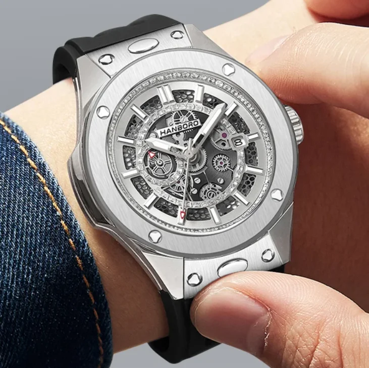 HANBORO Men Automatic Watch 42mm Mechanical Wristwatch Sapphire Mirror Luminous Skeleton Dial Miyota 8217 Quick Release Strap