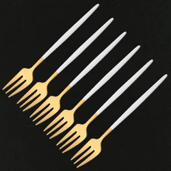 6pcs Dinnerware Set White Gold Cake Fruit Forks Cutlery Set Stainless Steel Flatware Mirror Home Snack Salad Fork Tableware Set