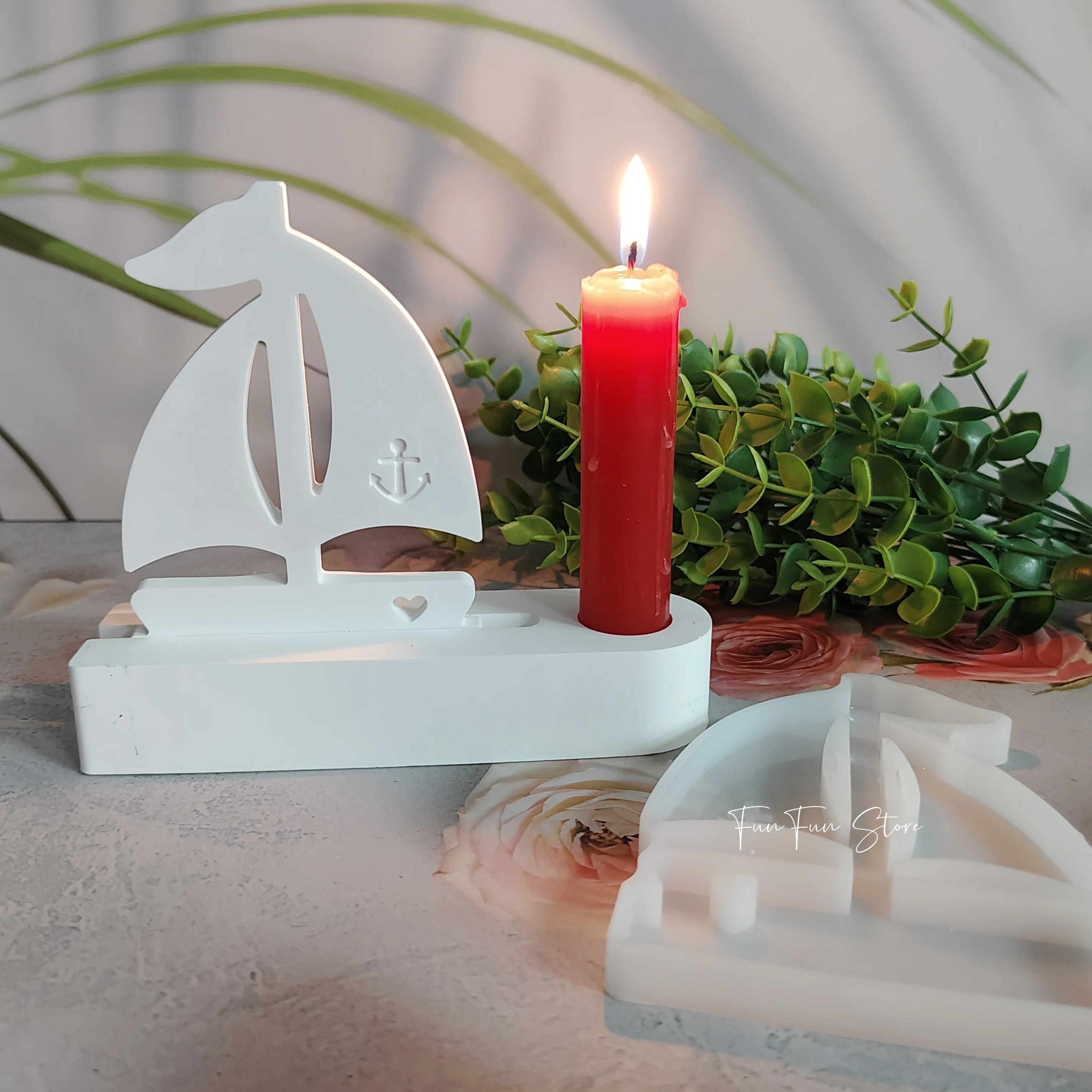 DIY Sailboat Candle Holder Plug-in Silicone Mold Handmade Boat Candlestick Making Tool Plaster Drop Glue Mold Home Decoration