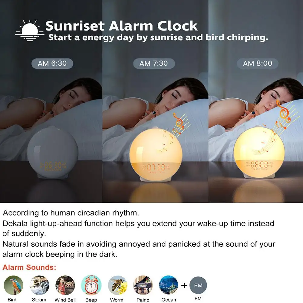 Alarm Clock Simulated Sunrise Wake-up Digital Clock Adjustable Multiple Colors Lighting Bedroom Decor Electronic Desktop Clock