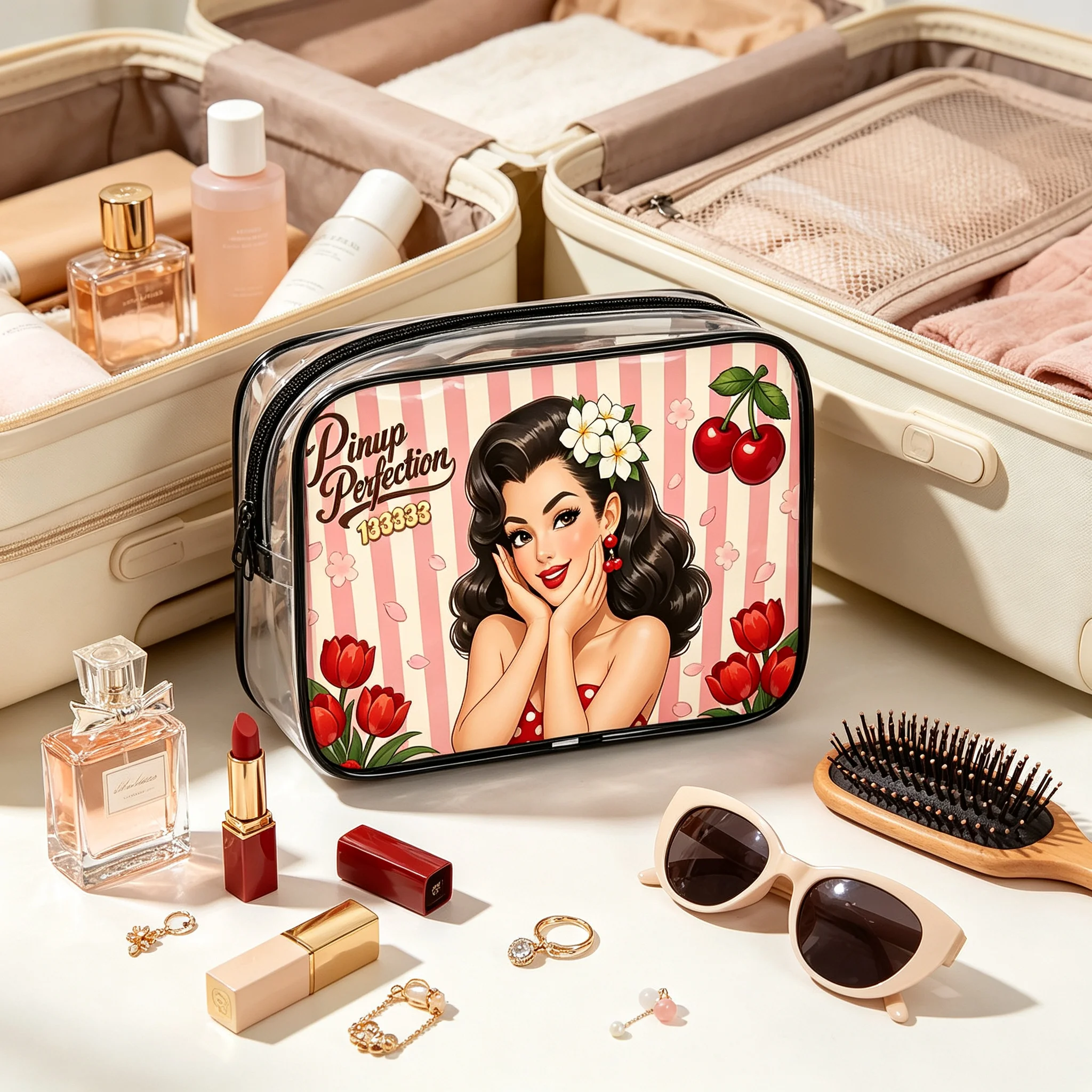 Cute Pinup Perfection Transparent Makeup Bag Pink Stripe Cherry Flower Design Clear PVC Travel Cosmetic Storage Pouch