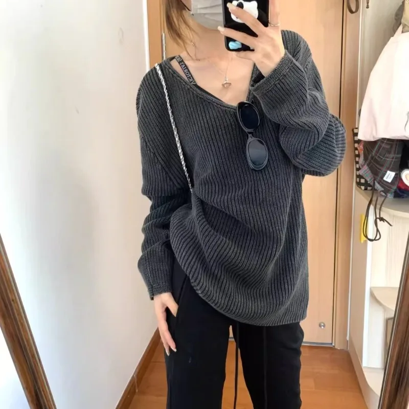 V-neck Washed Solid Color Casual Long-sleeved Sweater Women 2025 Autumn New High Street Fashion All-match Knitted Pullover