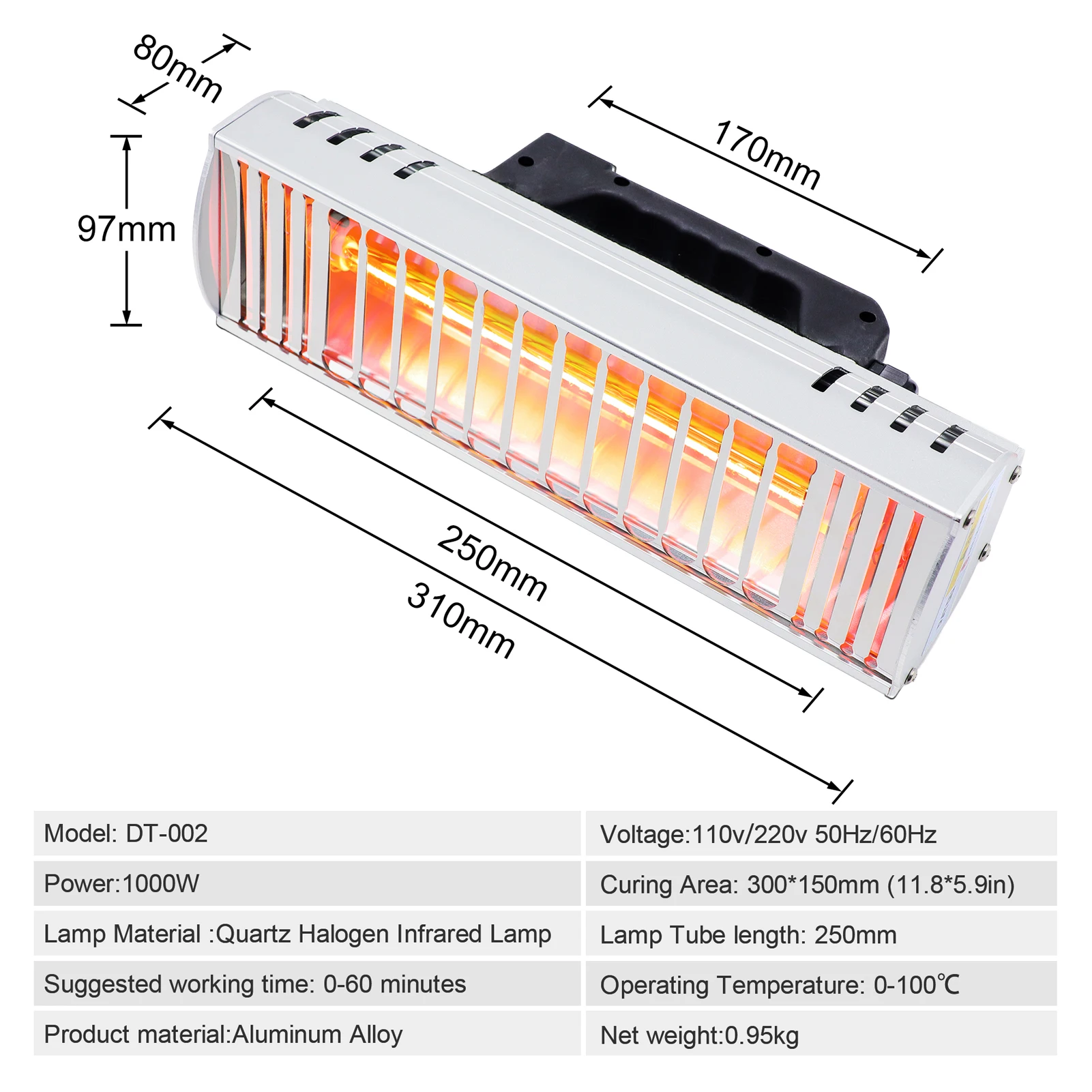 DATOUBOSS Draagbare 1000W Infrarood Curing Lamp Drooglamp AutoBody Verf Baklamp Lamp voor Drogen Verwarming Auto Body Paint