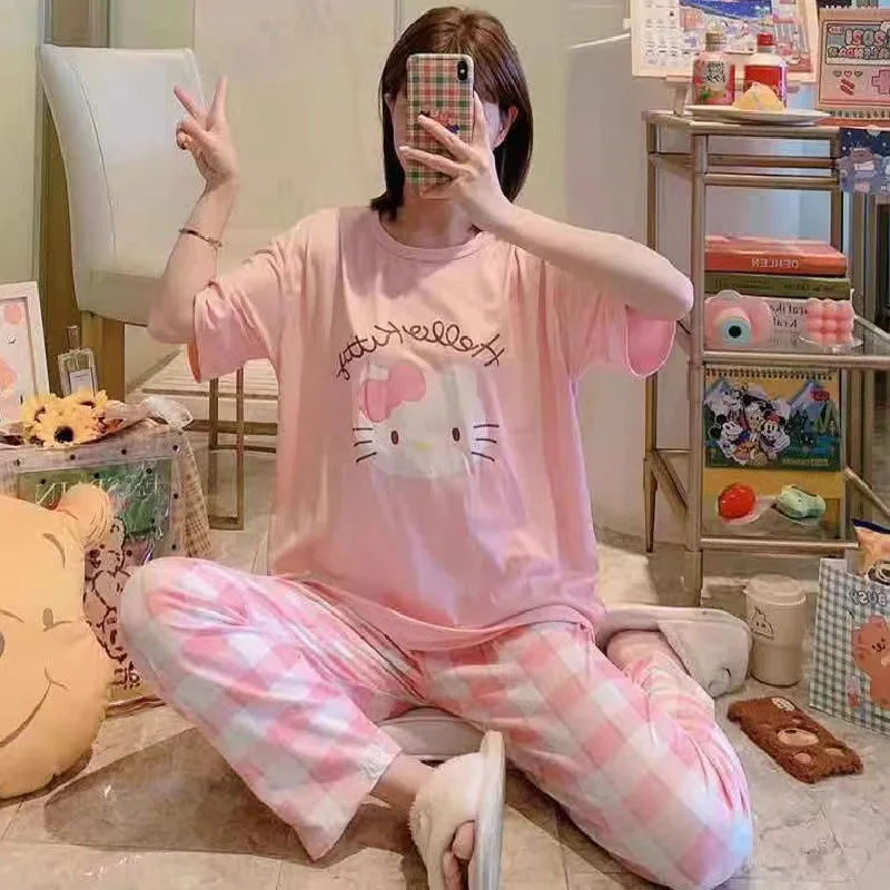 

Hello Kitty Short-Sleeved Pajamas T-Shirt Trousers Girls Casual Comfortable Cartoon Home Clothing Cute Sanrio Pochacco Sleepwear