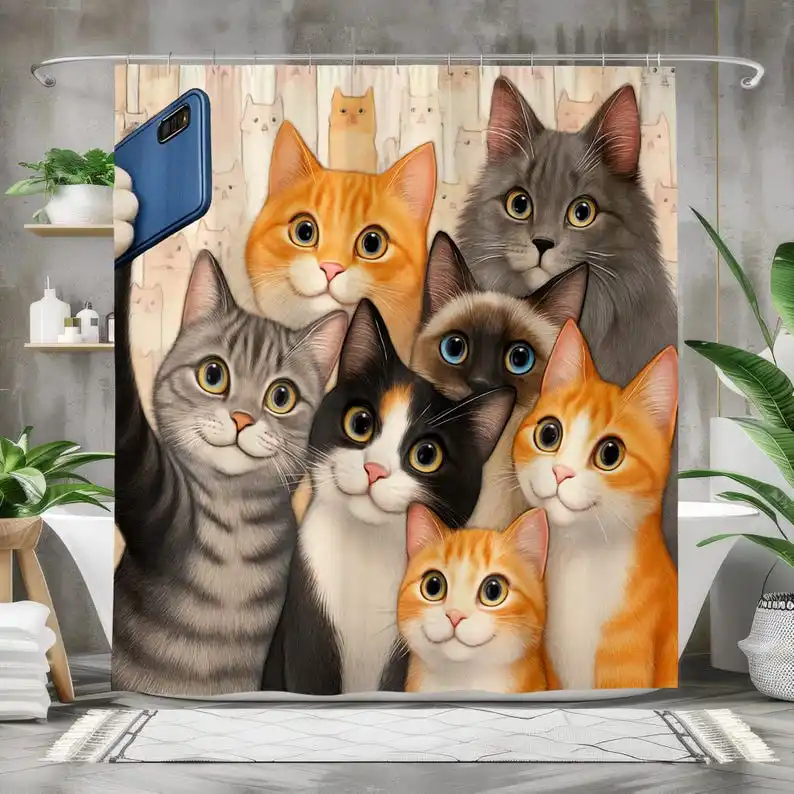 

Funny Cat Selfie Shower Curtain with Cute Tabby, Calico, Siamese Kittens, Whimsical Bathroom Decor Pet Humor Curtain